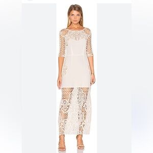 For Love & Lemons Gracey Nude Low Back 3/4 Sleeve Crochet Knit Midi Dress L